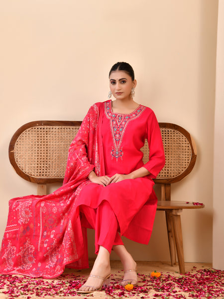 Chanderi Vermillion Solid Embroidered Kurta Pant And Printed Dupatta Set