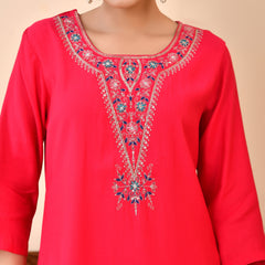 Chanderi Vermillion Solid Embroidered Kurta Pant And Printed Dupatta Set