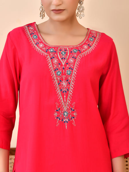 Chanderi Vermillion Solid Embroidered Kurta Pant And Printed Dupatta Set