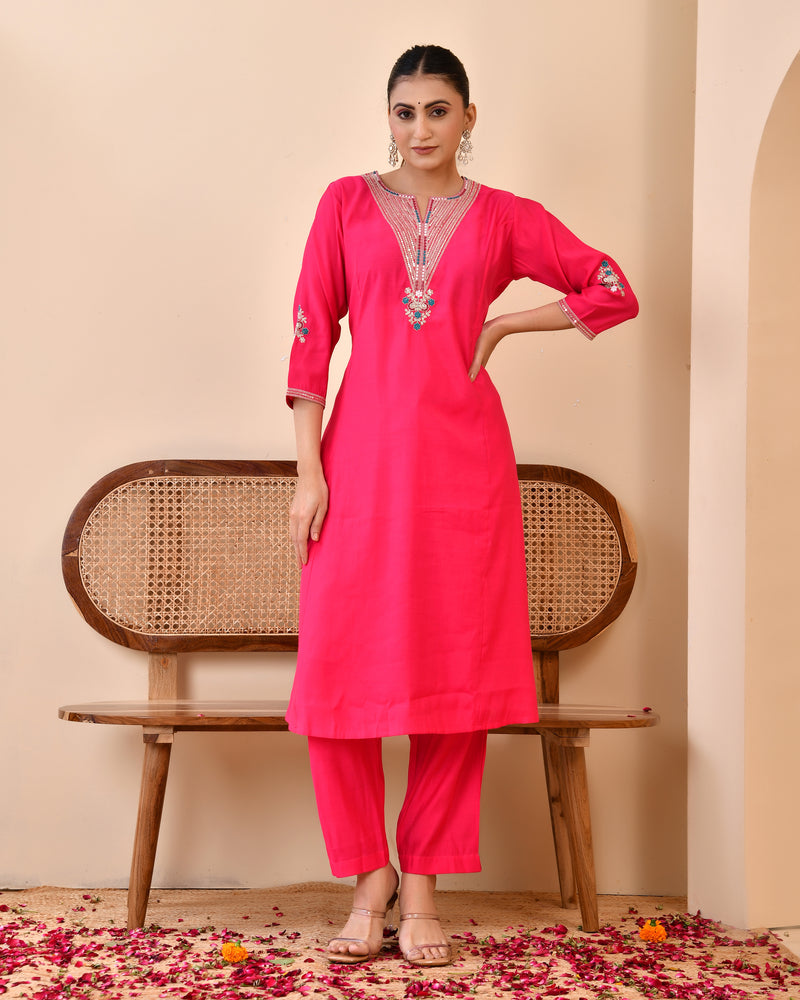 Chanderi Cherrry Red Solid Embroidered Kurta Pant Set
