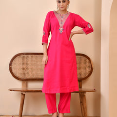 Chanderi Cherrry Red Solid Embroidered Kurta Pant Set