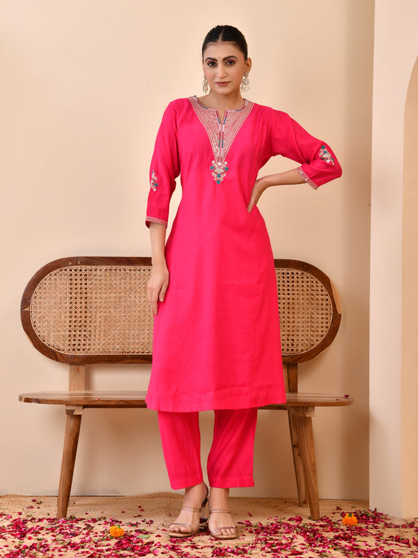 Chanderi Cherrry Red Solid Embroidered Kurta Pant Set