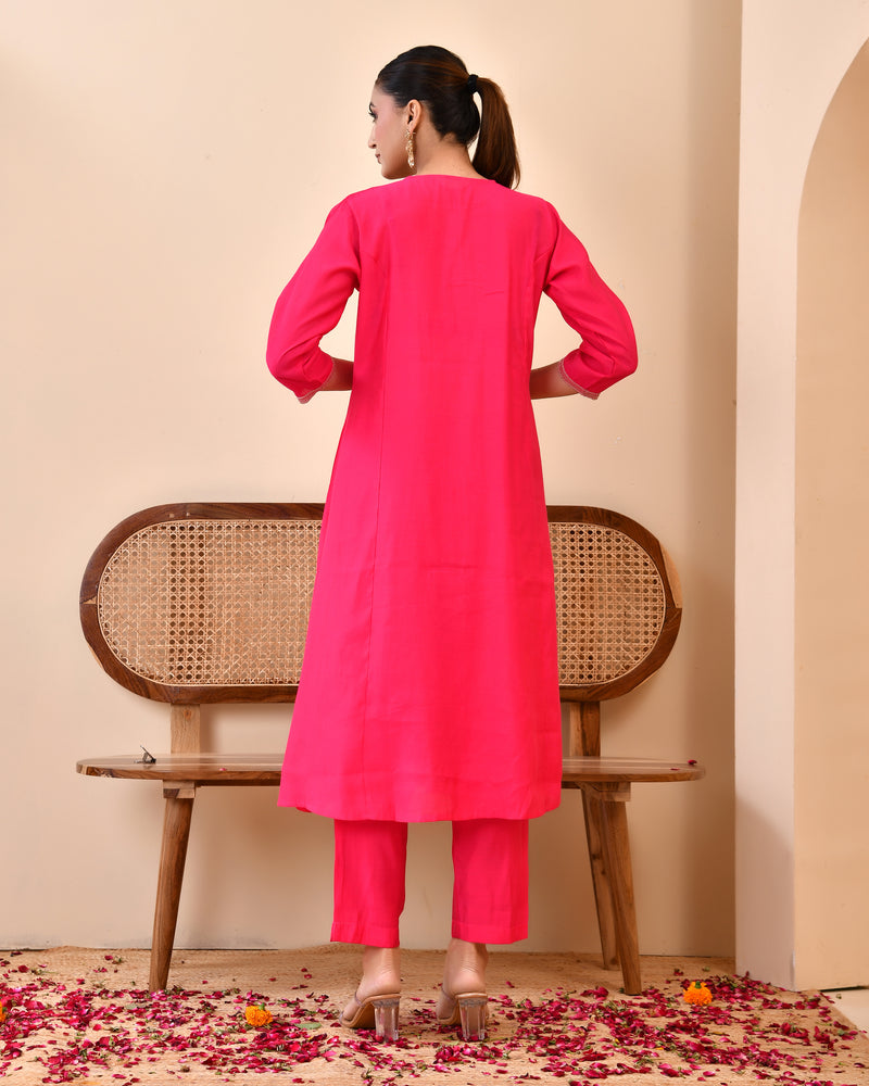 Chanderi Cherrry Red Solid Embroidered Kurta Pant Set