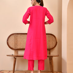 Chanderi Cherrry Red Solid Embroidered Kurta Pant Set