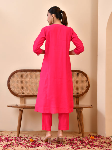 Chanderi Cherrry Red Solid Embroidered Kurta Pant Set