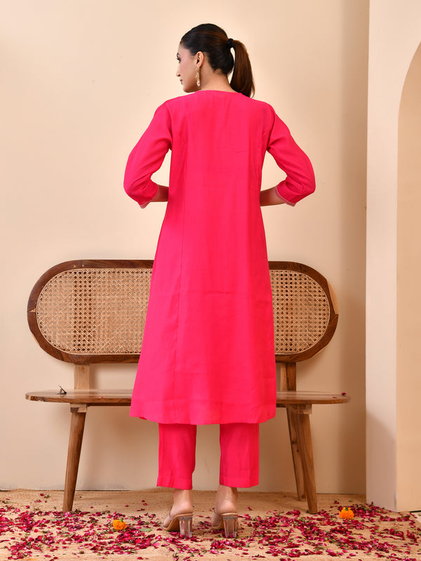 Chanderi Cherrry Red Solid Embroidered Kurta Pant Set