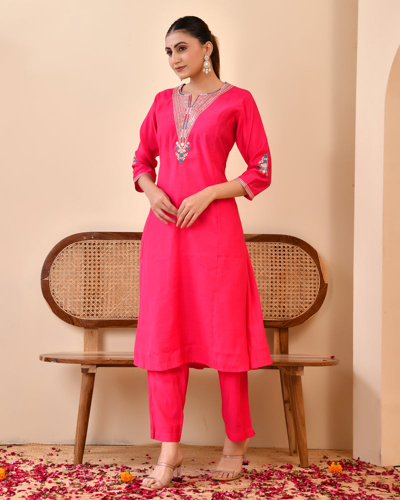 Chanderi Cherrry Red Solid Embroidered Kurta Pant Set