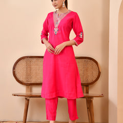 Chanderi Cherrry Red Solid Embroidered Kurta Pant Set