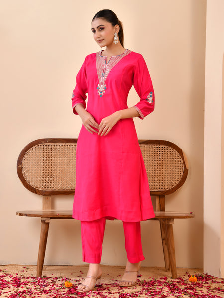 Chanderi Cherrry Red Solid Embroidered Kurta Pant Set