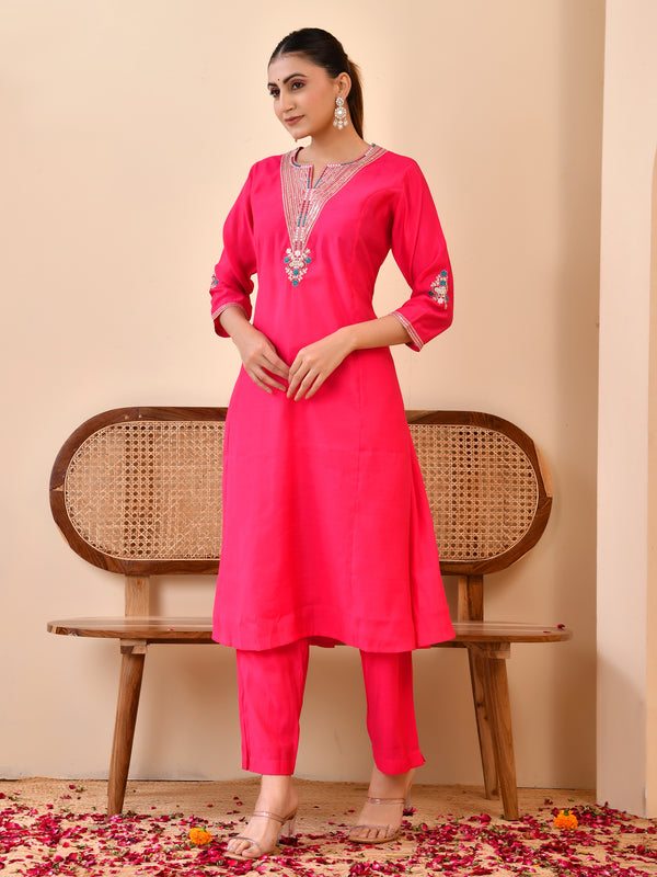 Chanderi Cherrry Red Solid Embroidered Kurta Pant Set