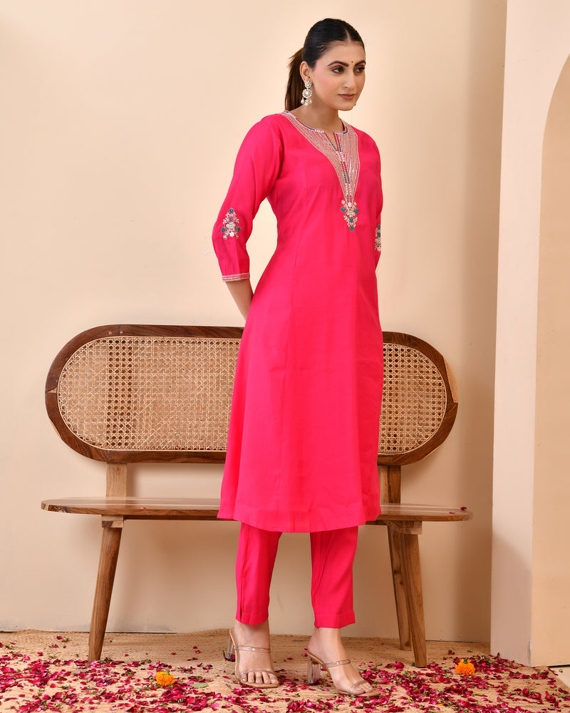 Chanderi Cherrry Red Solid Embroidered Kurta Pant Set