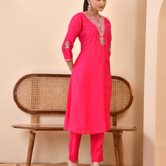 Chanderi Cherrry Red Solid Embroidered Kurta Pant Set