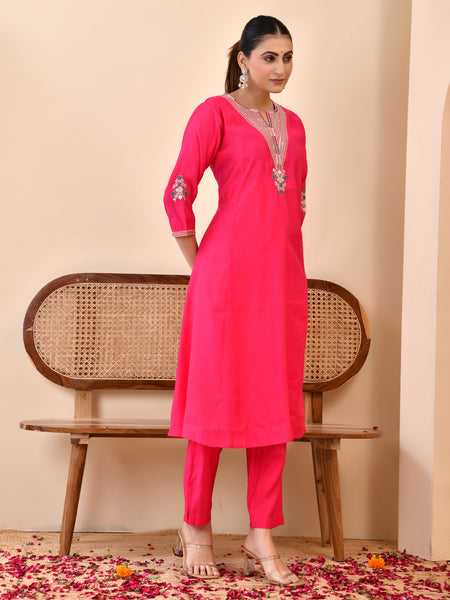 Chanderi Cherrry Red Solid Embroidered Kurta Pant Set
