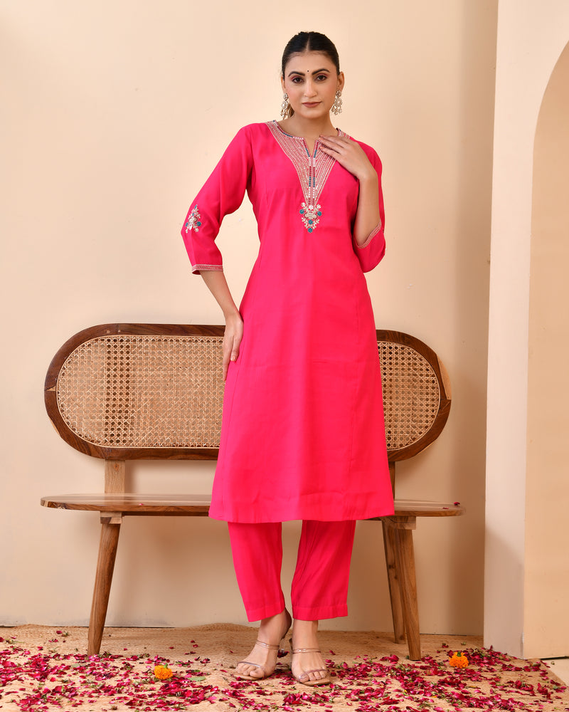Chanderi Cherrry Red Solid Embroidered Kurta Pant Set