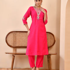 Chanderi Cherrry Red Solid Embroidered Kurta Pant Set