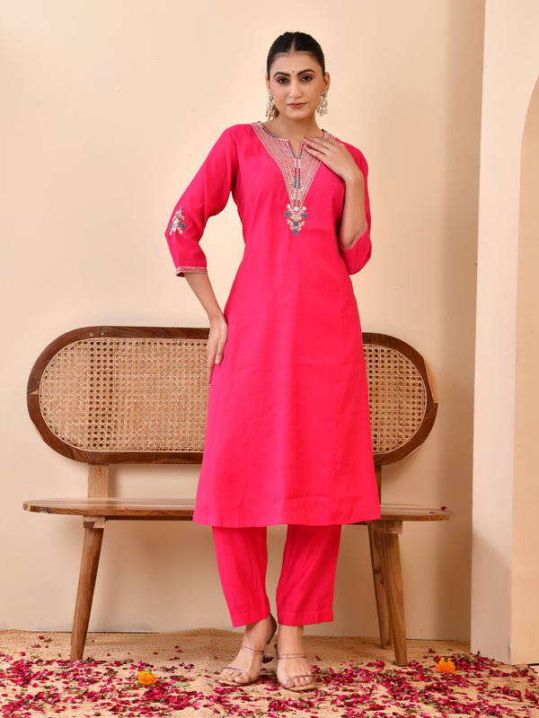 Chanderi Cherrry Red Solid Embroidered Kurta Pant Set