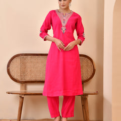 Chanderi Cherrry Red Solid Embroidered Kurta Pant Set