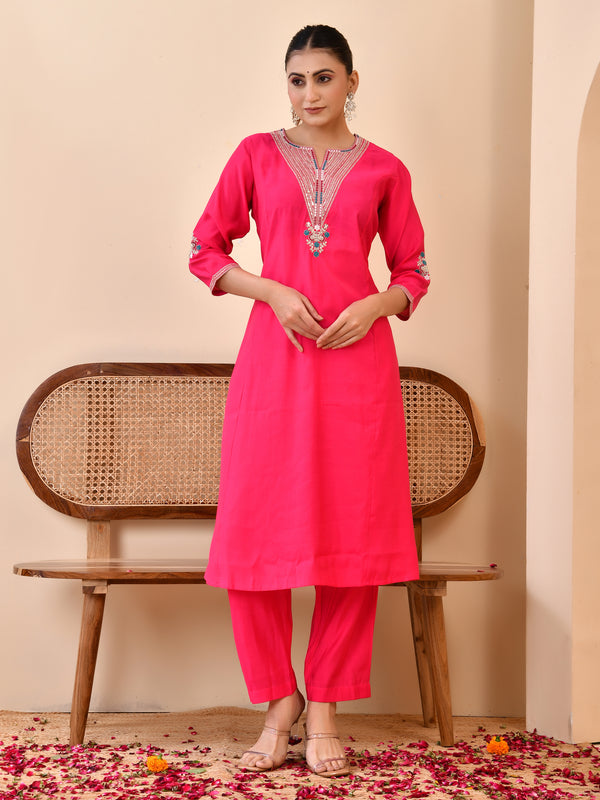 Chanderi Cherrry Red Solid Embroidered Kurta Pant Set
