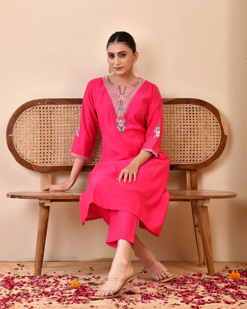 Chanderi Cherrry Red Solid Embroidered Kurta Pant Set