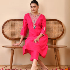 Chanderi Cherrry Red Solid Embroidered Kurta Pant Set