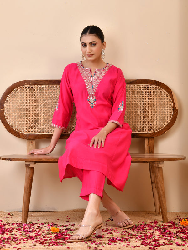 Chanderi Cherrry Red Solid Embroidered Kurta Pant Set