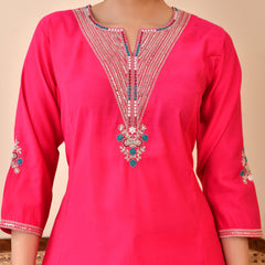 Chanderi Cherrry Red Solid Embroidered Kurta Pant Set