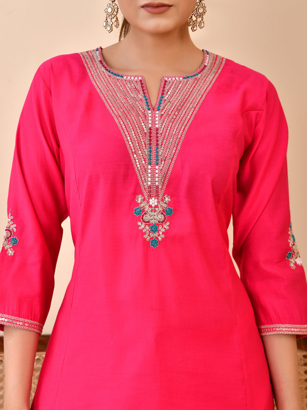 Chanderi Cherrry Red Solid Embroidered Kurta Pant Set