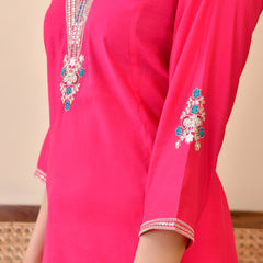 Chanderi Cherrry Red Solid Embroidered Kurta Pant Set