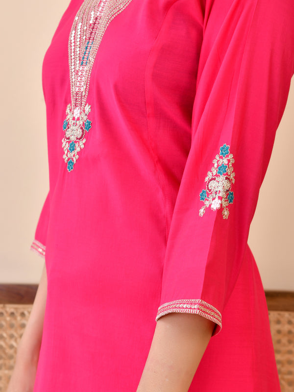 Chanderi Cherrry Red Solid Embroidered Kurta Pant Set