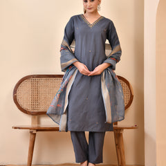 Chanderi Coral Solid Embroidered Kurta Pant Set With Printed Dupatta Set