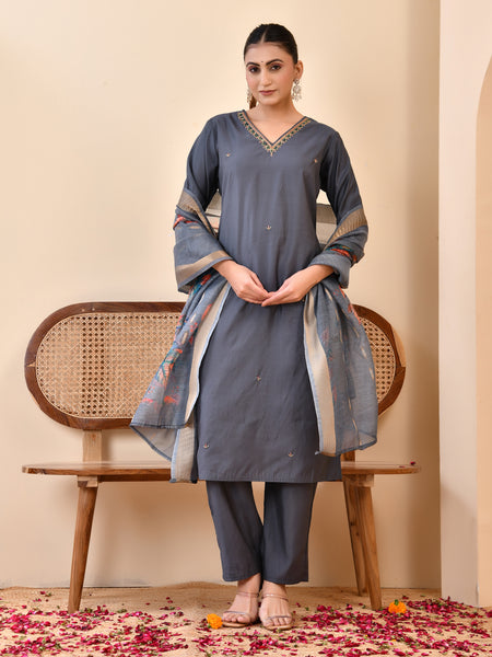 Chanderi Coral Solid Embroidered Kurta Pant Set With Printed Dupatta Set