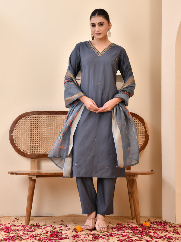 Chanderi Coral Solid Embroidered Kurta Pant Set With Printed Dupatta Set