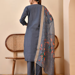 Chanderi Coral Solid Embroidered Kurta Pant Set With Printed Dupatta Set