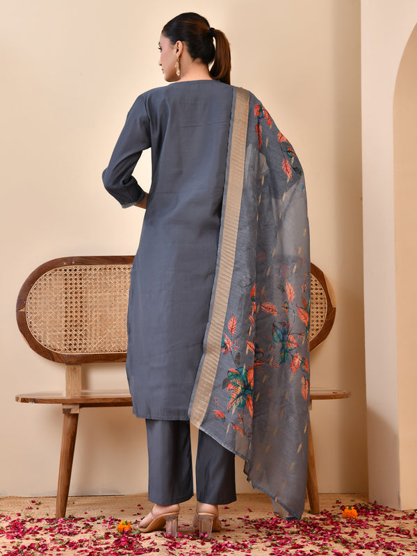 Chanderi Coral Solid Embroidered Kurta Pant Set With Printed Dupatta Set