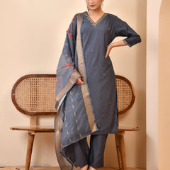 Chanderi Coral Solid Embroidered Kurta Pant Set With Printed Dupatta Set