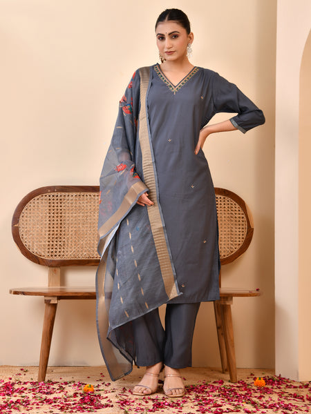 Chanderi Coral Solid Embroidered Kurta Pant Set With Printed Dupatta Set