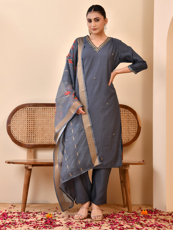 Chanderi Coral Solid Embroidered Kurta Pant Set With Printed Dupatta Set