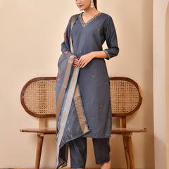 Chanderi Coral Solid Embroidered Kurta Pant Set With Printed Dupatta Set