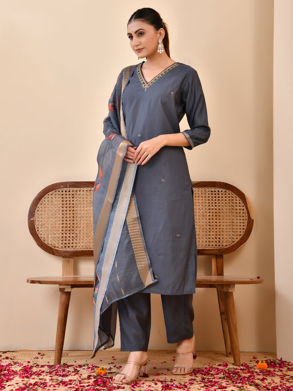 Chanderi Coral Solid Embroidered Kurta Pant Set With Printed Dupatta Set