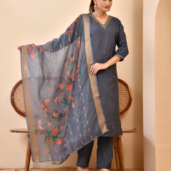 Chanderi Coral Solid Embroidered Kurta Pant Set With Printed Dupatta Set