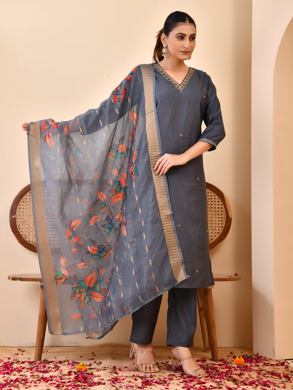 Chanderi Coral Solid Embroidered Kurta Pant Set With Printed Dupatta Set