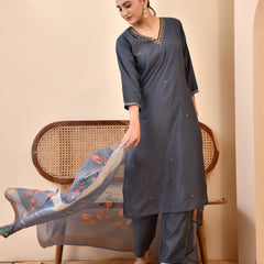 Chanderi Coral Solid Embroidered Kurta Pant Set With Printed Dupatta Set