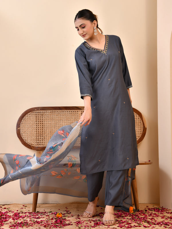 Chanderi Coral Solid Embroidered Kurta Pant Set With Printed Dupatta Set