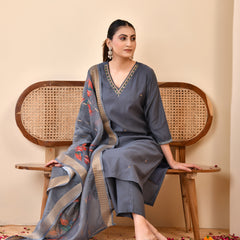 Chanderi Coral Solid Embroidered Kurta Pant Set With Printed Dupatta Set