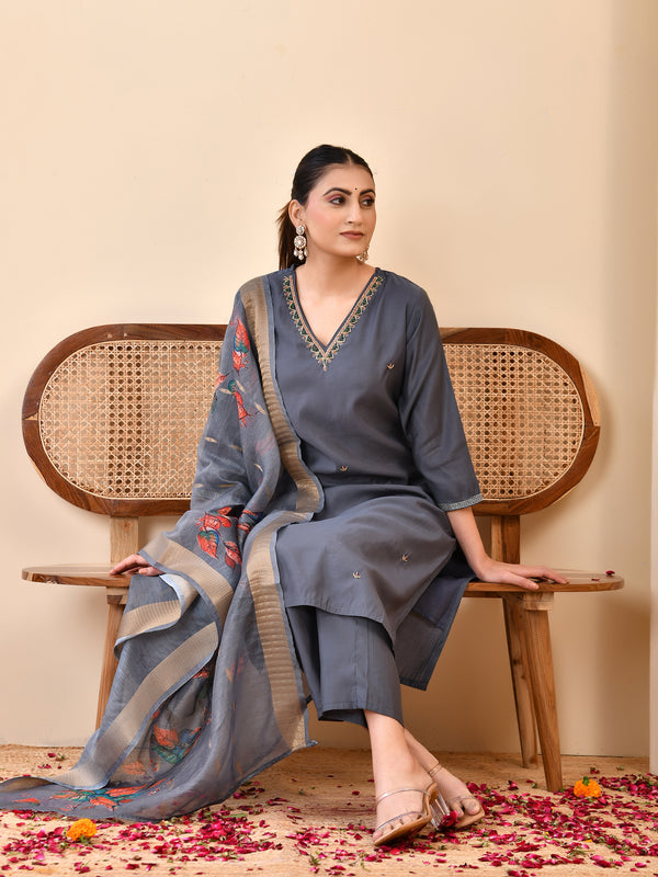 Chanderi Coral Solid Embroidered Kurta Pant Set With Printed Dupatta Set