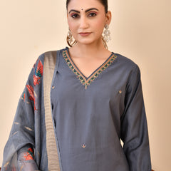 Chanderi Coral Solid Embroidered Kurta Pant Set With Printed Dupatta Set