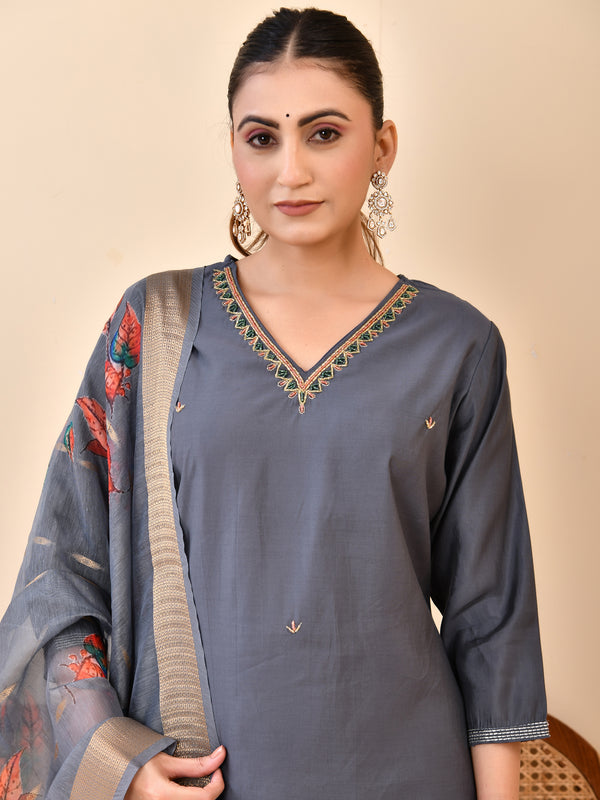 Chanderi Coral Solid Embroidered Kurta Pant Set With Printed Dupatta Set