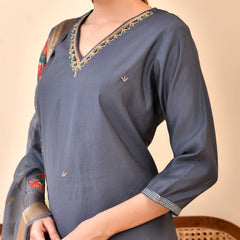 Chanderi Coral Solid Embroidered Kurta Pant Set With Printed Dupatta Set