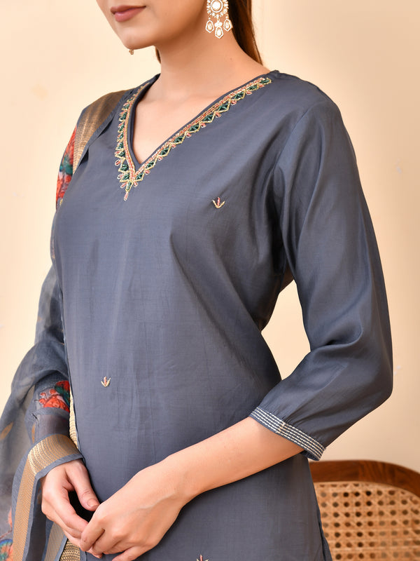 Chanderi Coral Solid Embroidered Kurta Pant Set With Printed Dupatta Set