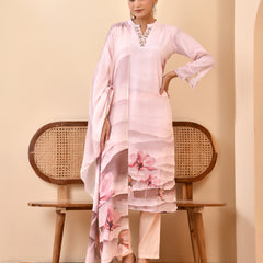 Linen Pale Pink Digital Printed Embroidered Kurta With Pant Dupatta Set
